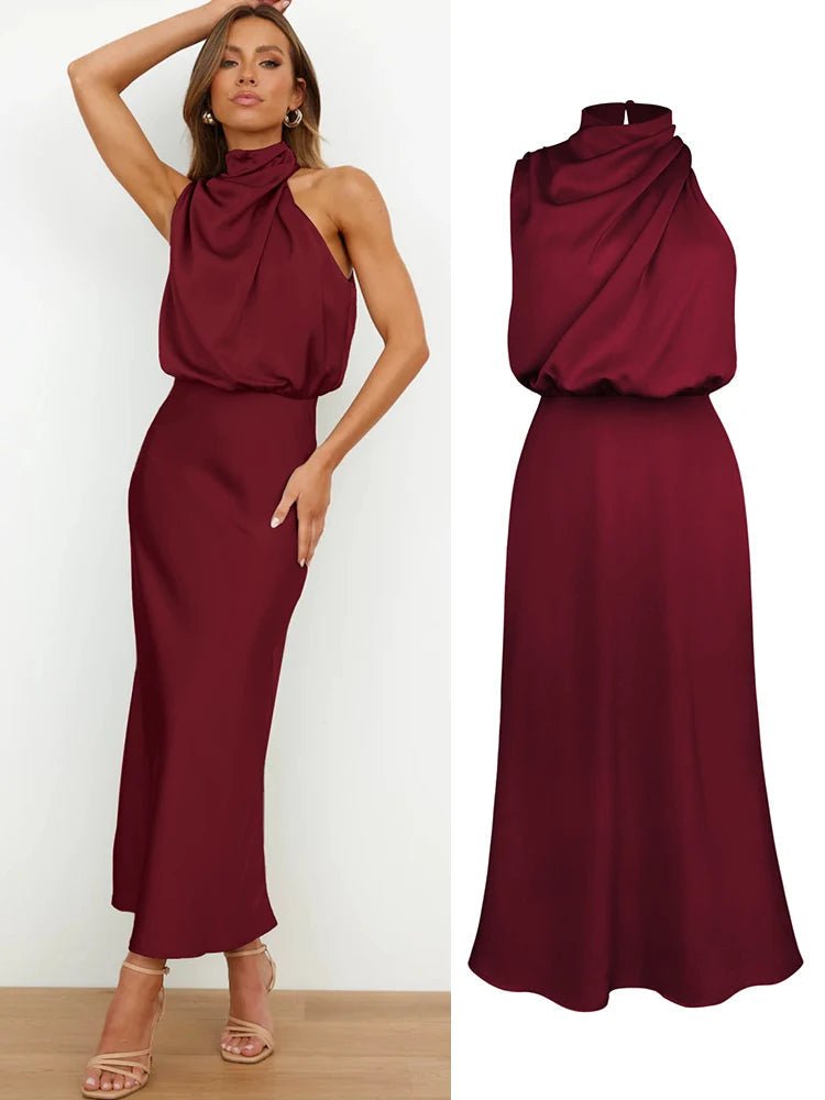 Satin Midi Dress with Asymmetrical Neckline for Women | Julia Red