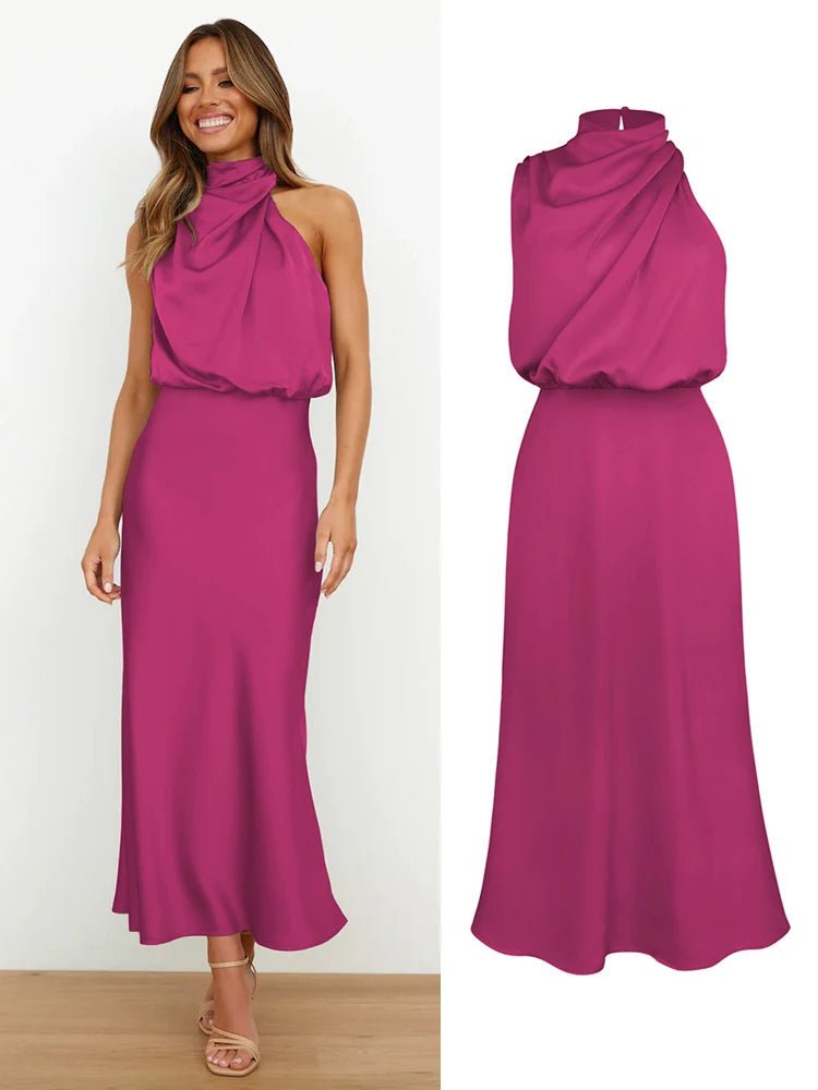 Satin Midi Dress with Asymmetrical Neckline for Women | Julia Pink