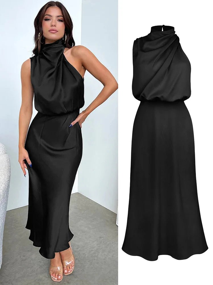 Satin Midi Dress with Asymmetrical Neckline for Women | Julia Black