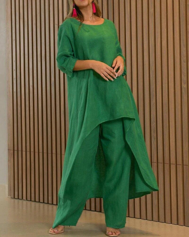 Two Piece Set with Breathable Top and High Waist Pants for Women | Sanya Green