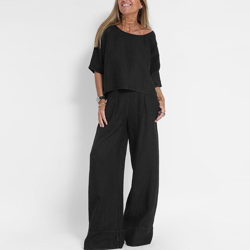 Two-Piece Set with Short Sleeve Top and Wide-Leg Trousers for Women | Scarlett Black