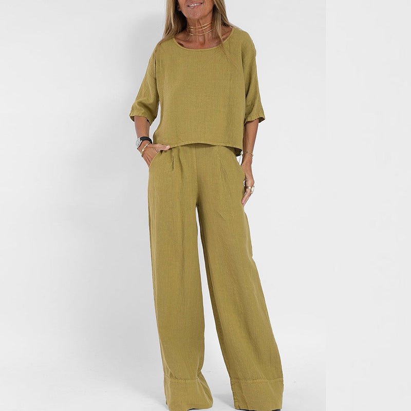 Two-Piece Set with Short Sleeve Top and Wide-Leg Trousers for Women | Scarlett Yellow