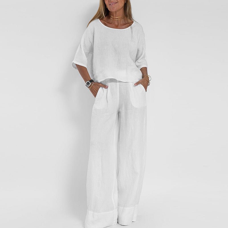 Two-Piece Set with Short Sleeve Top and Wide-Leg Trousers for Women | Scarlett White