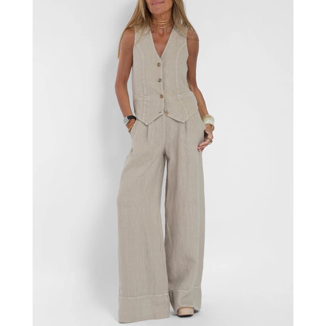 Two-Piece Sleeveless Top and Trouser Set for Women | Nella Beige