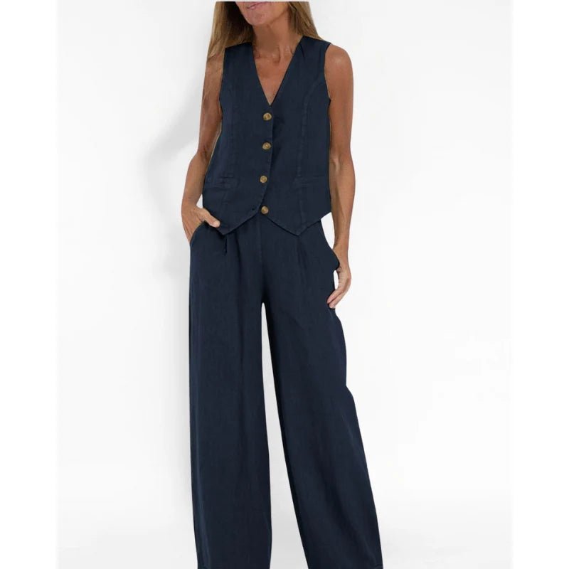 Two-Piece Sleeveless Top and Trouser Set for Women | Nella Dark Blue