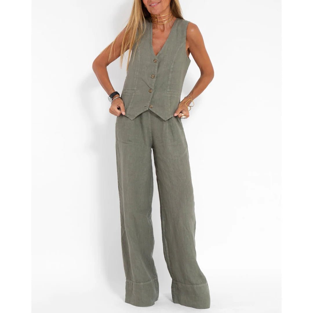Two-Piece Sleeveless Top and Trouser Set for Women | Nella Green