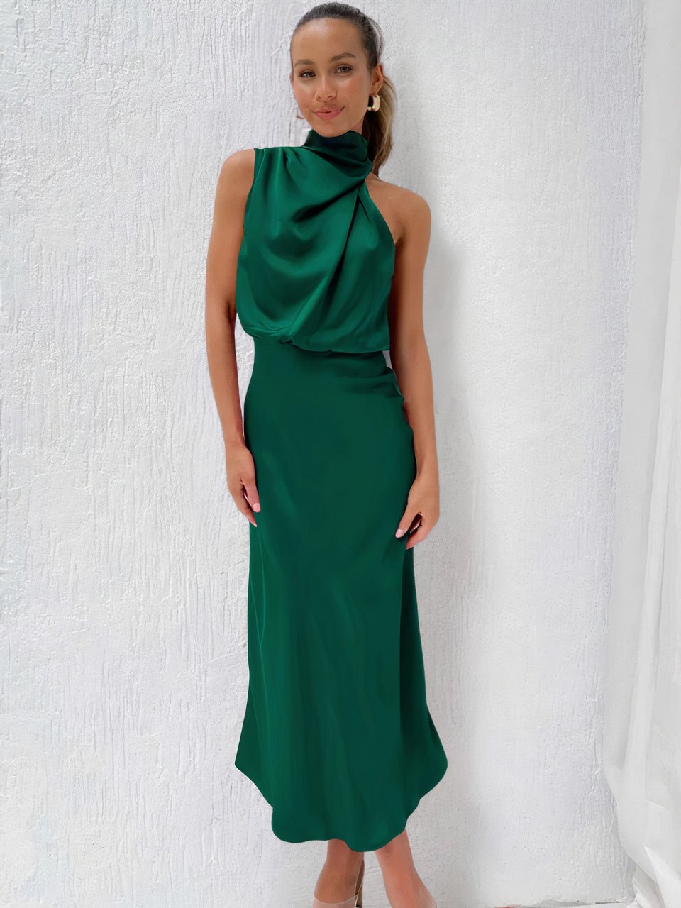 Women Halter-Neck Draped Maxi Dress | Marcelle Dark Green