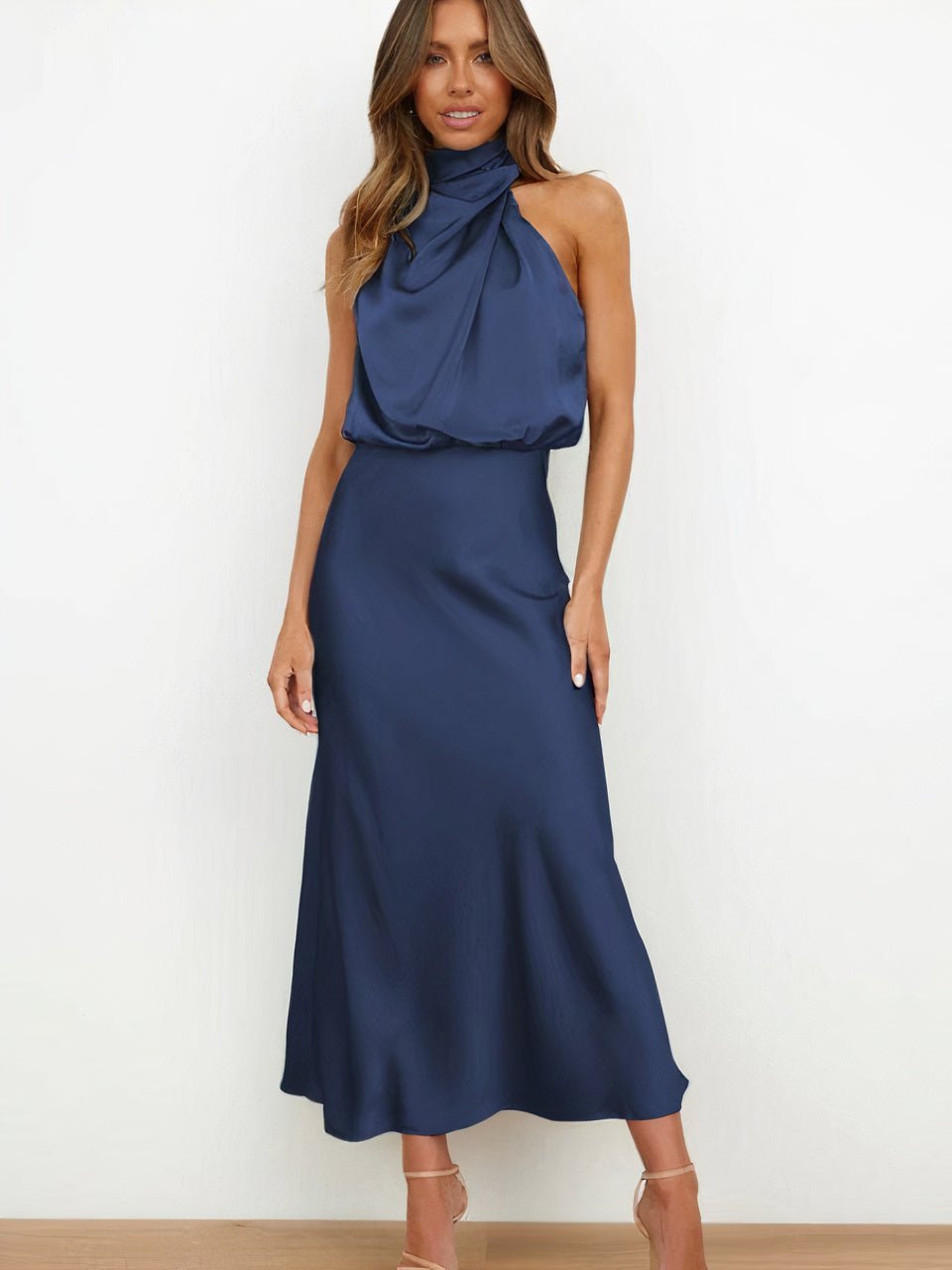 Women Halter-Neck Draped Maxi Dress | Marcelle Dark Blue