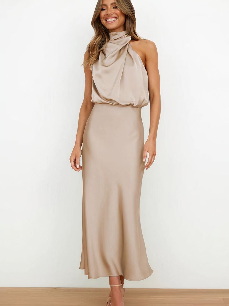Women Halter-Neck Draped Maxi Dress | Marcelle Apricot