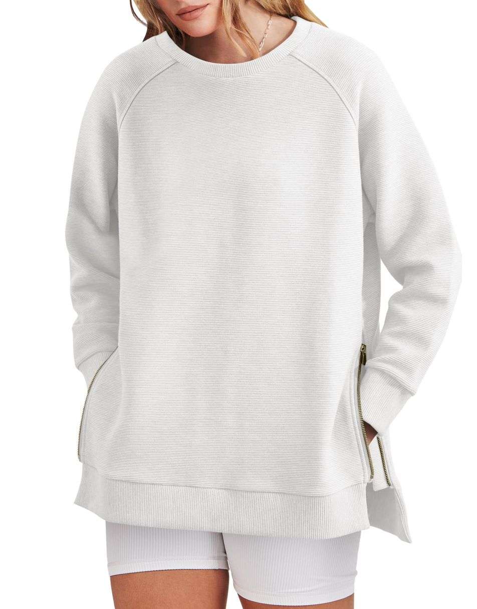 Zippered Tunic Sweatshirt Long Sleeve for Women | Maribel White