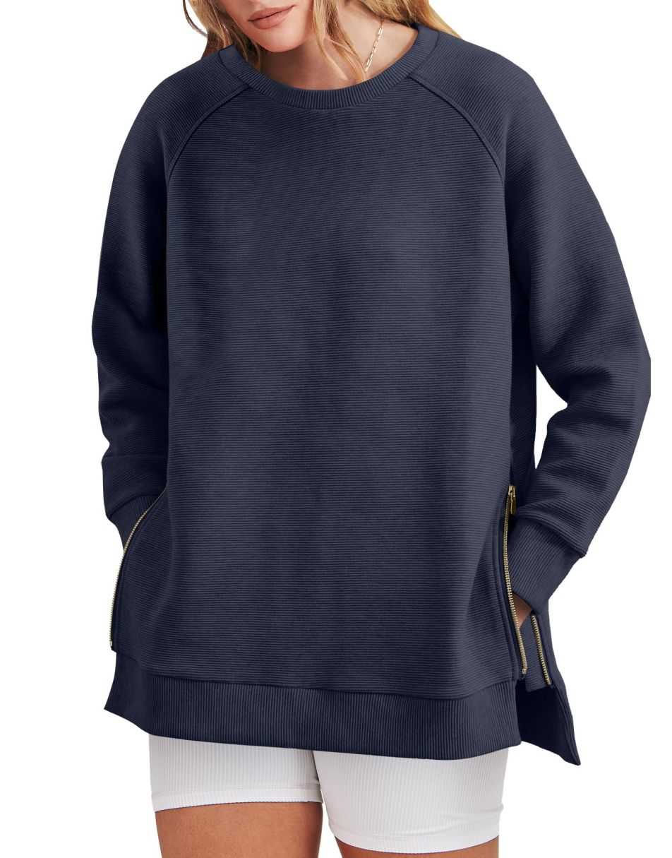 Zippered Tunic Sweatshirt Long Sleeve for Women | Maribel Navy Blue